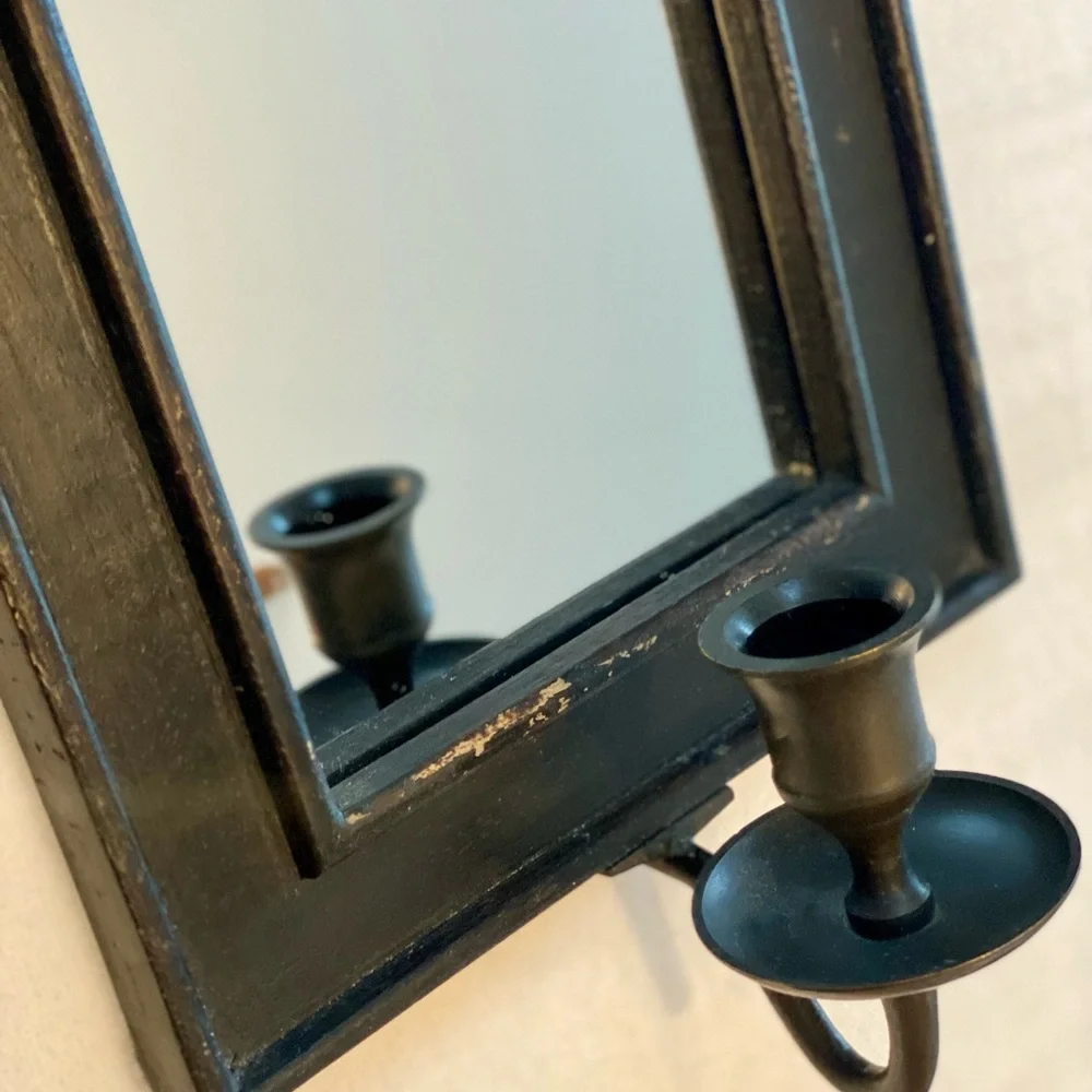 Set of 2 Rustic Wooden Beveled Mirror w/ Metal Candle Holder